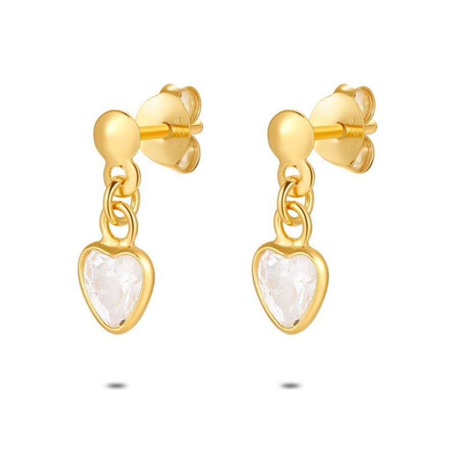 Women Twice As Nice | 18Ct Gold Plated Silver Earrings, Hanging Heart, Zirconia