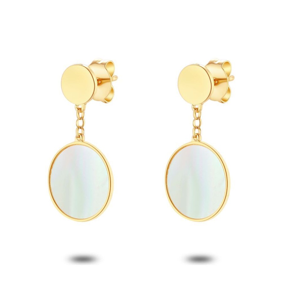 Women Twice As Nice | 18Ct Gold Plated Silver Earrings, Hanging Disc In Mother-Of-Pearl