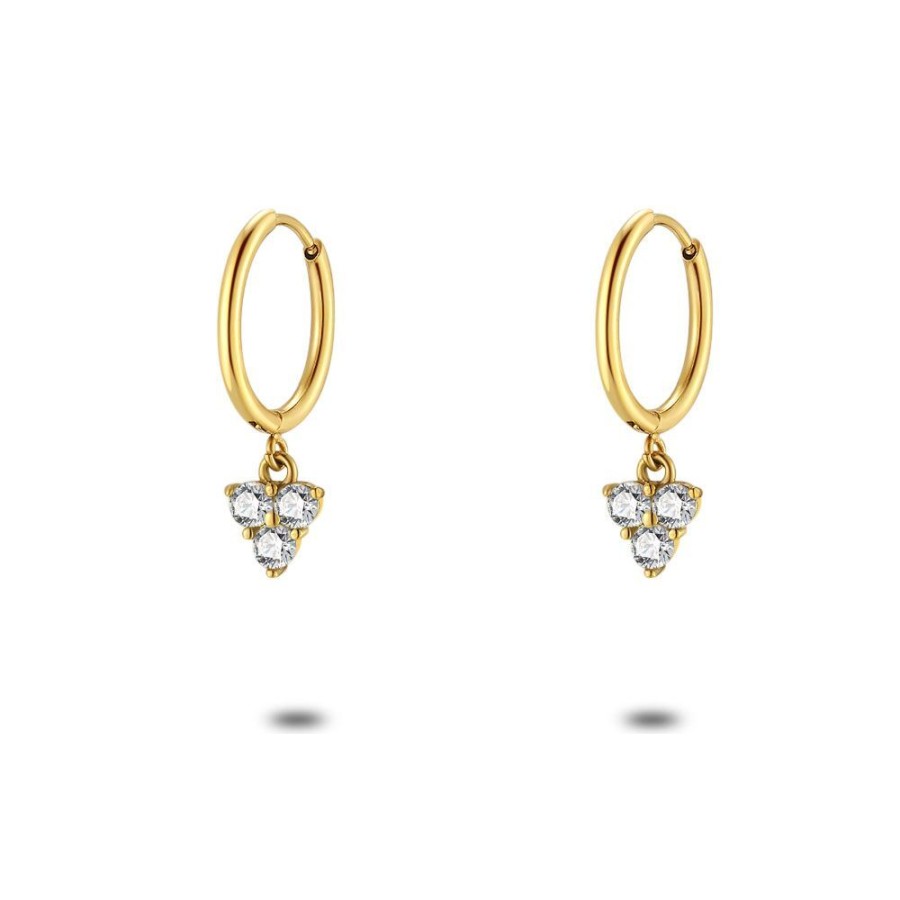 Women Twice As Nice | Earrings In Gold-Coloured Stainless Steel, Hoop, 3 White Zirconia