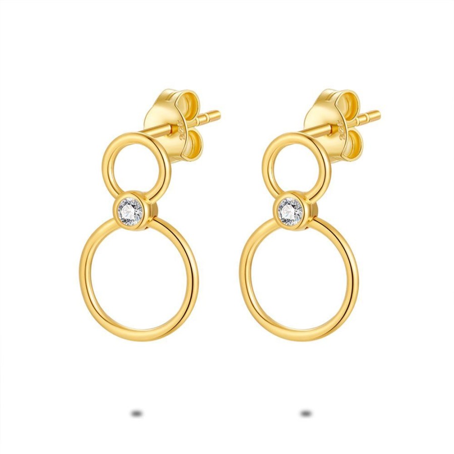 Women Twice As Nice | 18Ct Gold Plated Silver Earrings, Circles With 1 Zirconia