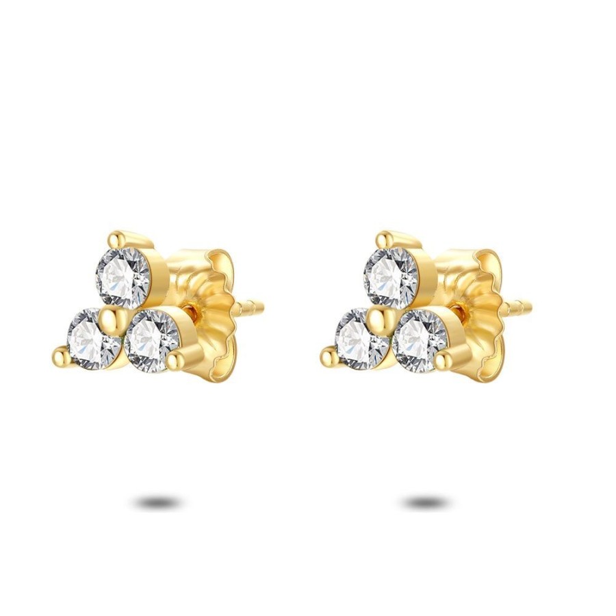 Women Twice As Nice | 18Ct Gold Plated Silver Earrings, 3 Round Zirconias, White