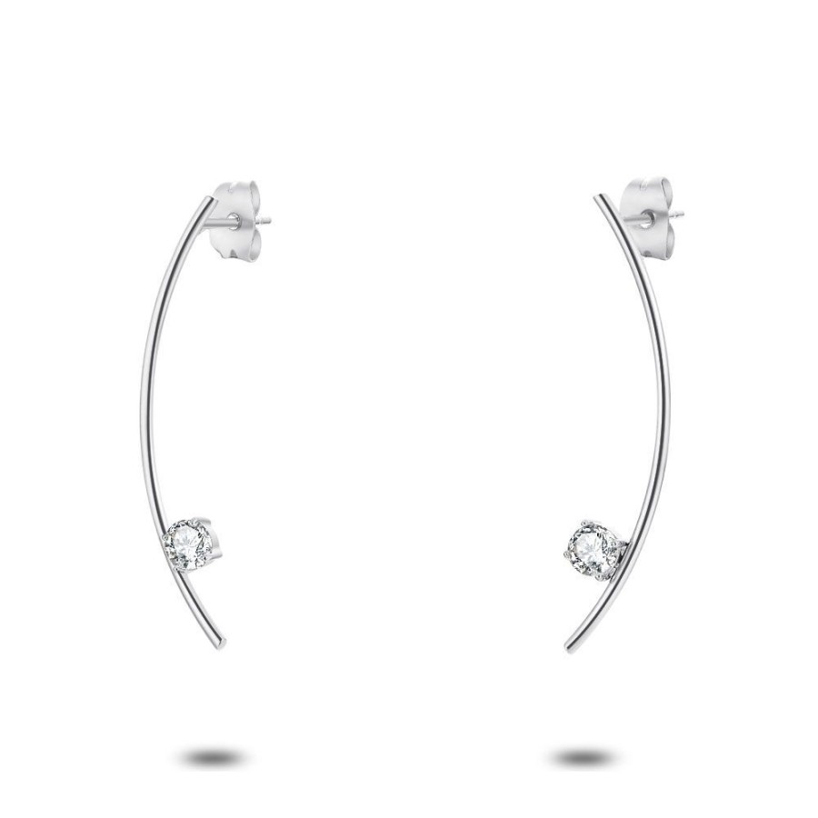 Women Twice As Nice | Stainless Steel Earrings, Crystal On A Curve