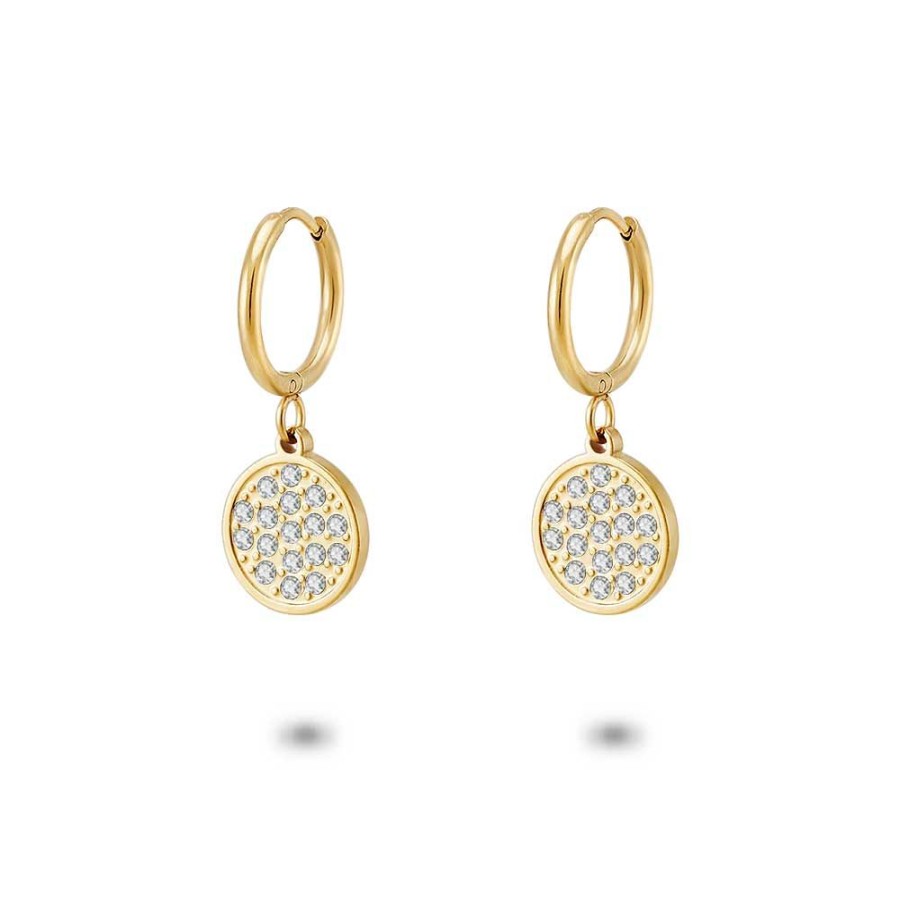 Women Twice As Nice | Gold Coloured Stainless Steel Earrings, Hoop, Disc Shape With White Crystals