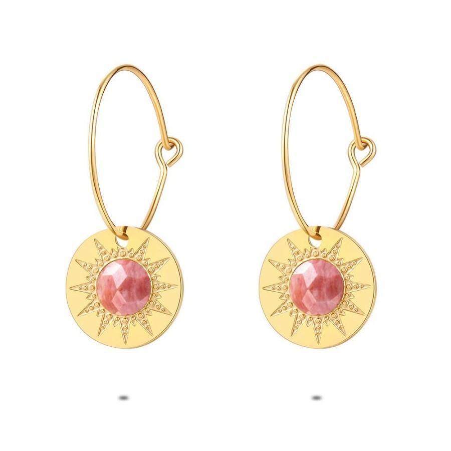 Women Twice As Nice | Gold-Coloured Stainless Steel Earrings, Hoop, Sun Motif With Pink Natural Stone