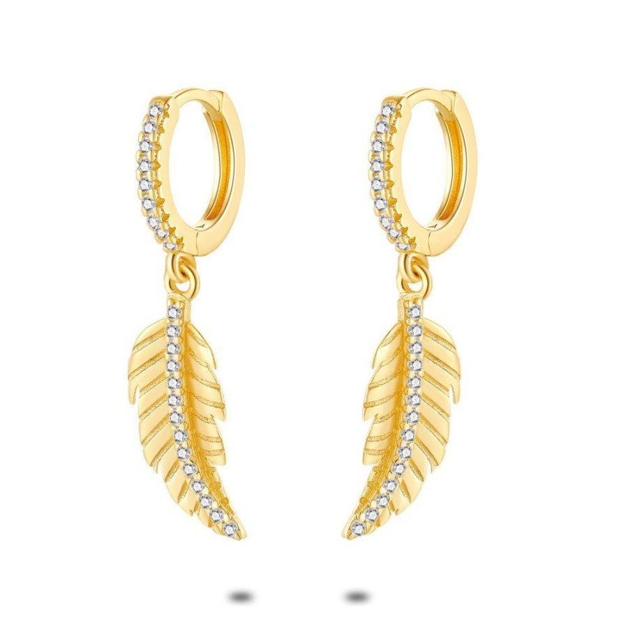 Women Twice As Nice | 18Ct Gold Plated Silver Earrings, Hoop Earrings With Feather, Zirconia