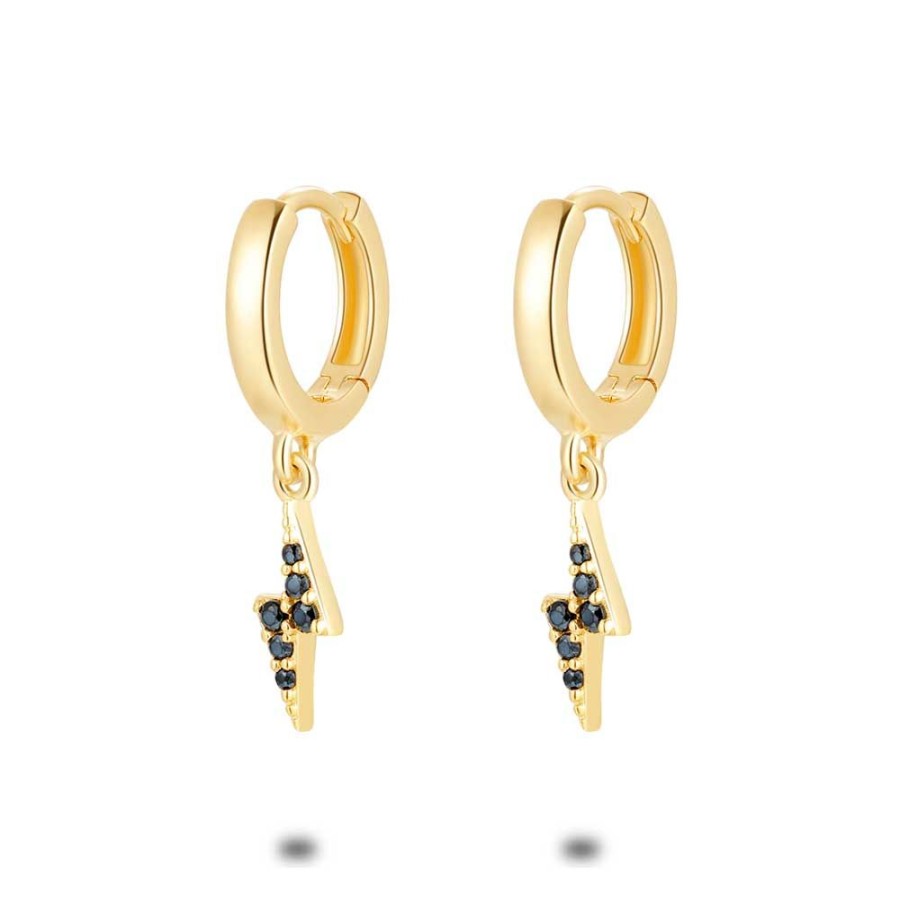 Women Twice As Nice | 18Ct Gold Plated Silver Earrings, Hoop With Lightning Pendant