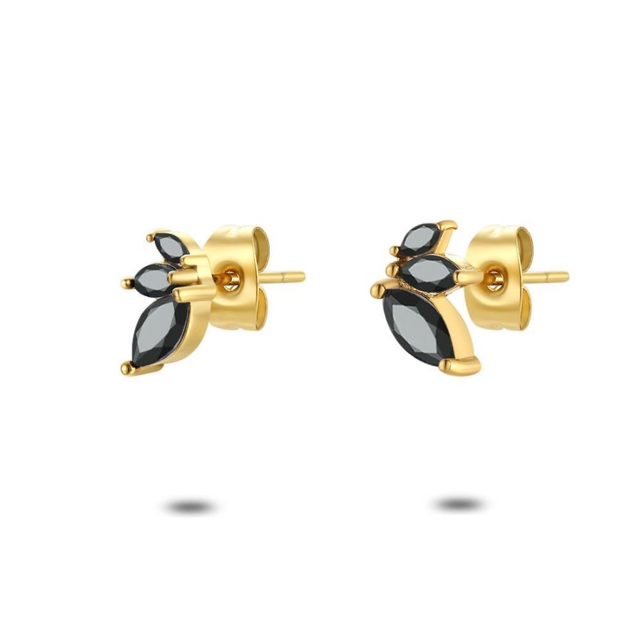 Women Twice As Nice | Earrings In Gold-Coloured Stainless Steel, 3 Ellipses, Black Zirconia