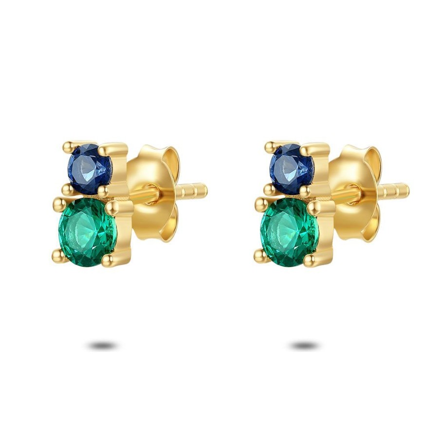 Women Twice As Nice | 18Ct Gold Plated Silver Earrings, Blue And Green Zirconia