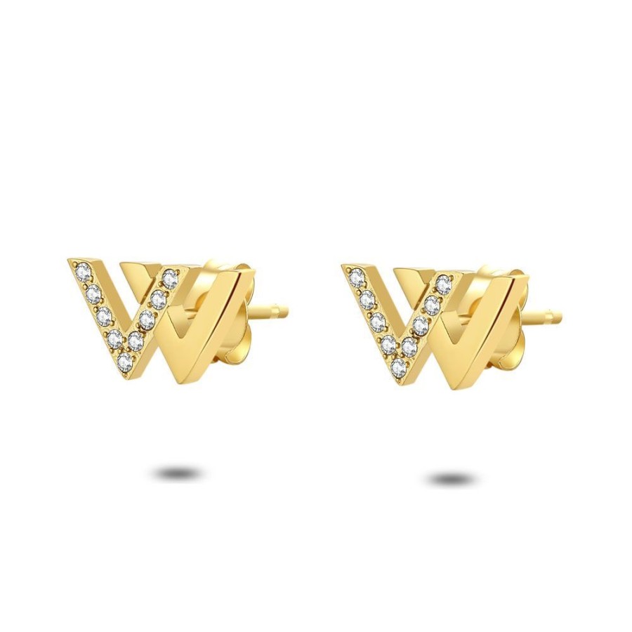 Women Twice As Nice | Gold Coloured Stainless Steel Earrings, Two V'S, With And Without Crystals