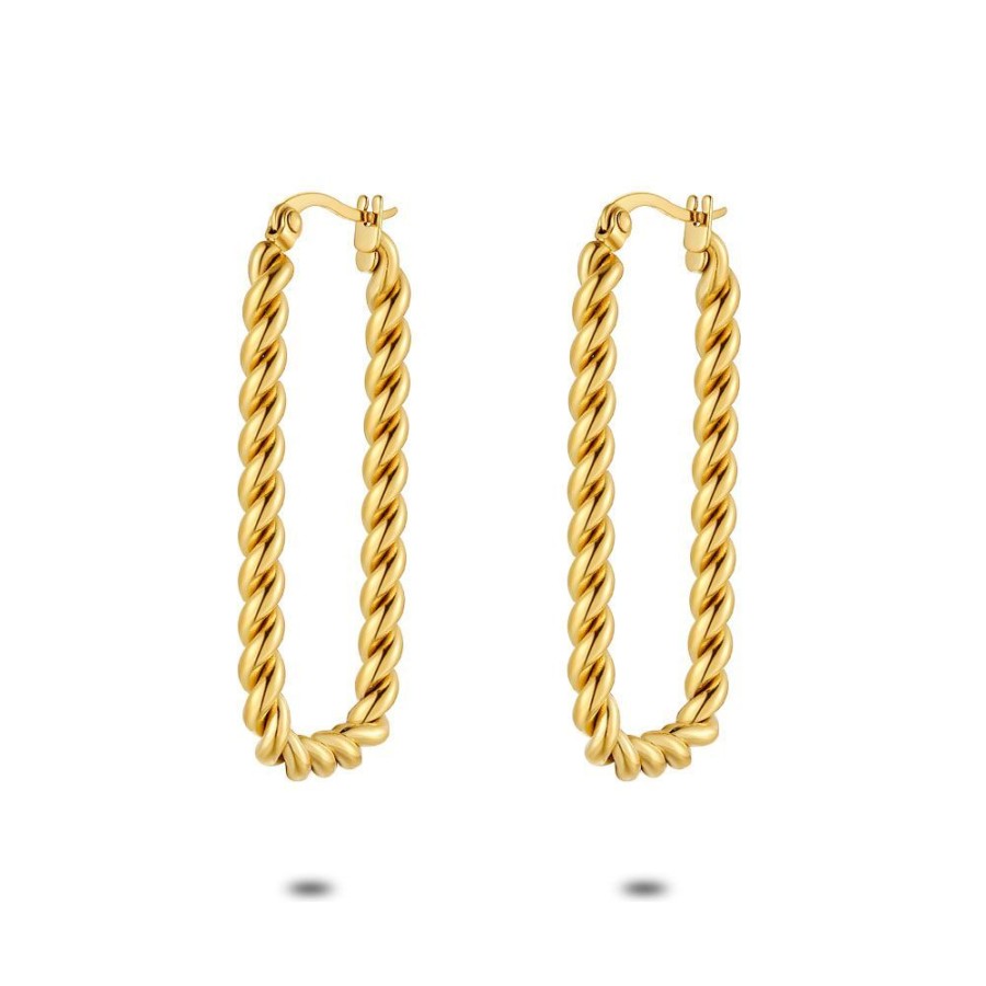 Women Twice As Nice | Gold Coloured Stainless Steel Earrings, Twisted, Rectangle