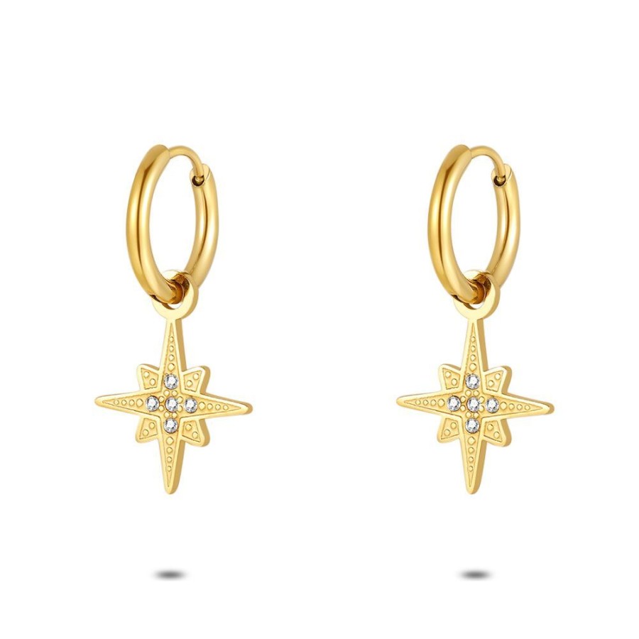 Women Twice As Nice | Gold Coloured Stainless Steel Earrings, Star, Crystals