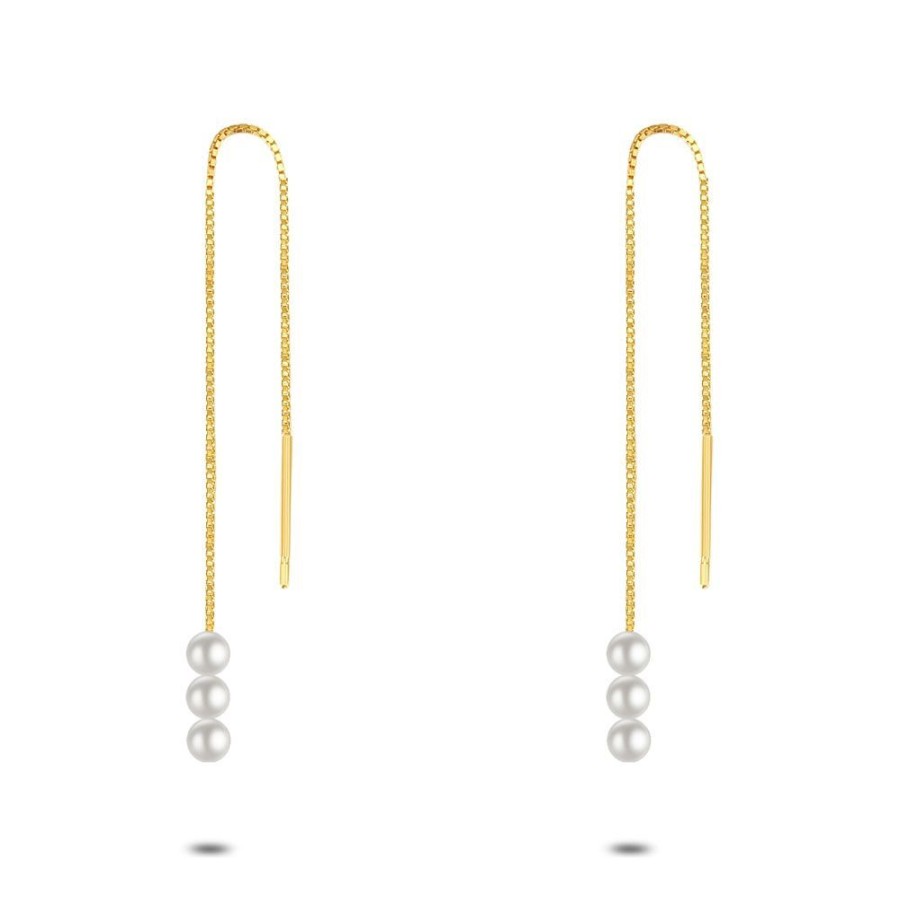 Women Twice As Nice | 18Ct Gold Plated Silver Earrings, 3 Pearls On Chain