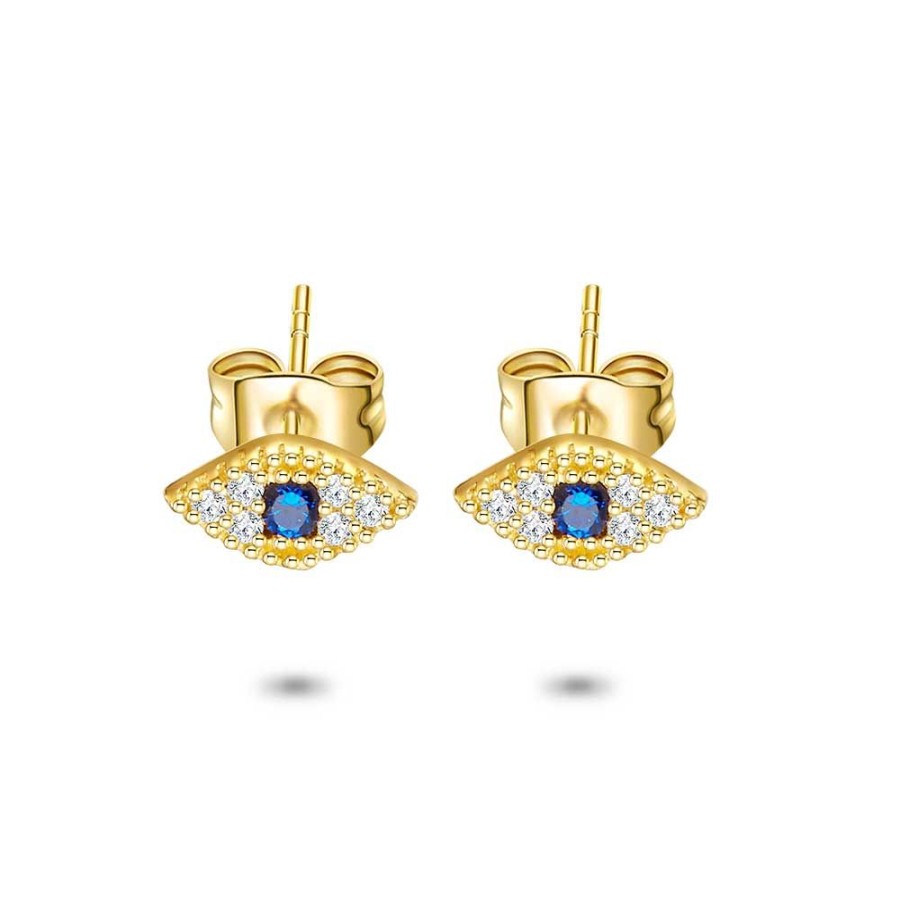 Women Twice As Nice | 18Ct Gold Plated Silver Earrings, Small Eye Blue And Zirconia