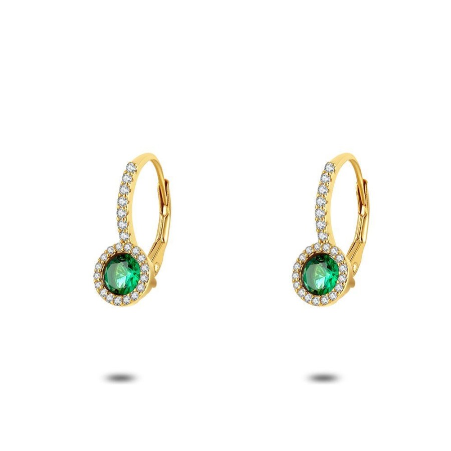 Women Twice As Nice | 18Ct Gold Plated Silver Earrings, Round Green Zirconia On A Hook