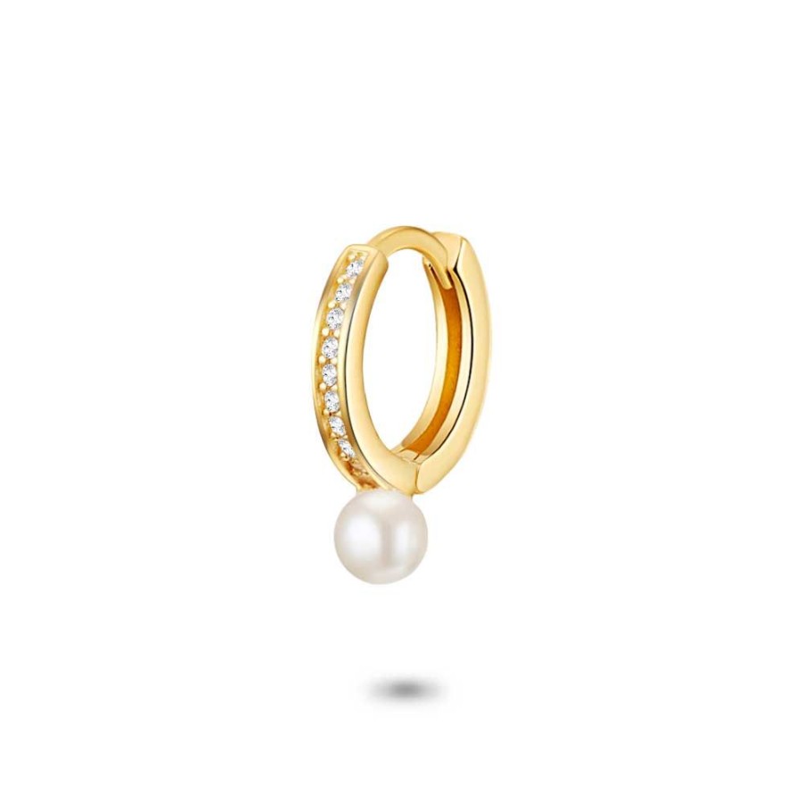 Women Twice As Nice | Earring Per Piece In 18Ct Gold Plated Silver, Hoop, White Zirconia, Pearl