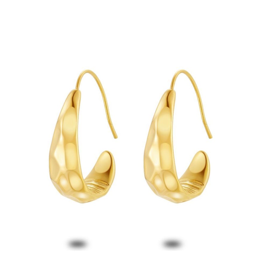 Women Twice As Nice | Earrings In Gold-Coloured Stainless Steel, Drop On Hook, Hammered