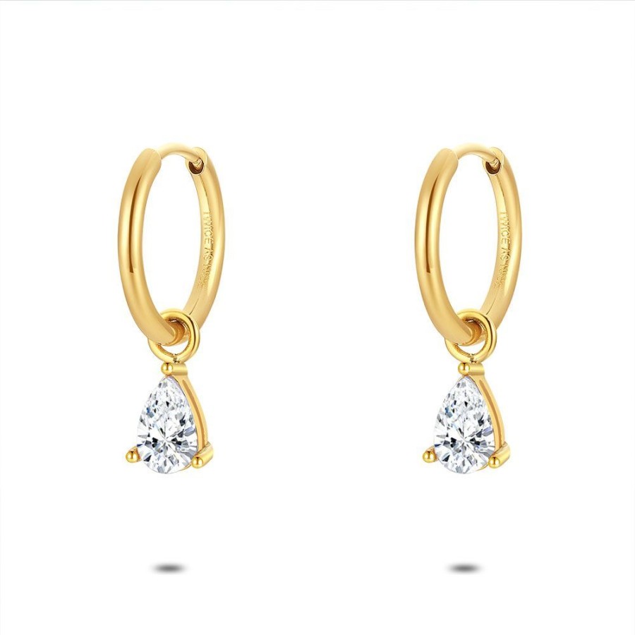 Women Twice As Nice | Gold Coloured Stainless Steel Earrings, Hoop With Drop-Shaped White Zirconia Stone