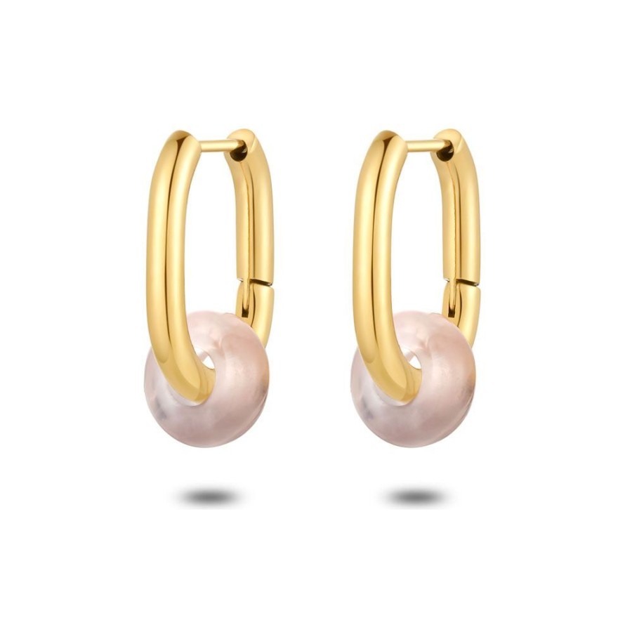 Women Twice As Nice | Gold Coloured Stainless Steel Earrings, Oval Hoops, Pink Quartz