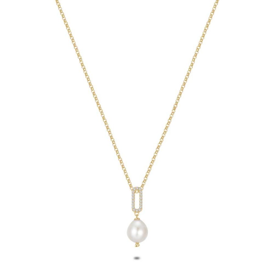 Women Twice As Nice | 18Ct Gold Plated Silver Necklace, Oval With Zirconia, Freshwater Pearl