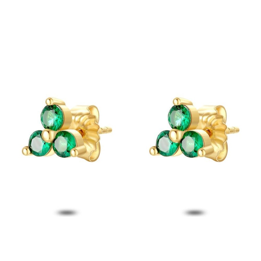 Women Twice As Nice | 18Ct Gold Plated Silver Earrings, 3 Round Zirconia, Green