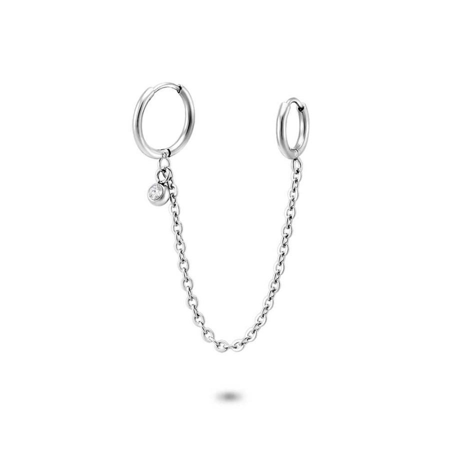 Women Twice As Nice | Stainless Steel Earrings, Hoop, 1 Crystal And Chain