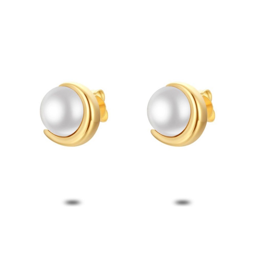 Women Twice As Nice | Gold Coloured Stainless Steel Earrings, Half Pearl