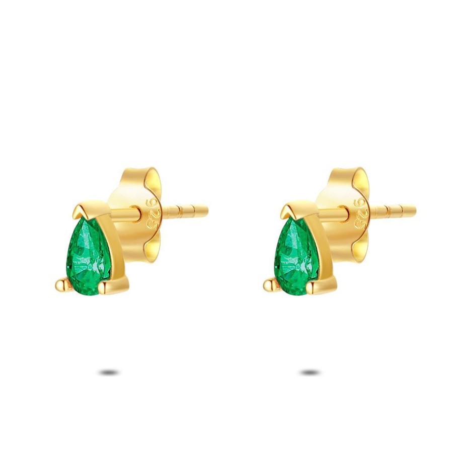 Women Twice As Nice | 18Ct Gold Plated Silver Earrings, Drop With Green Zirconia