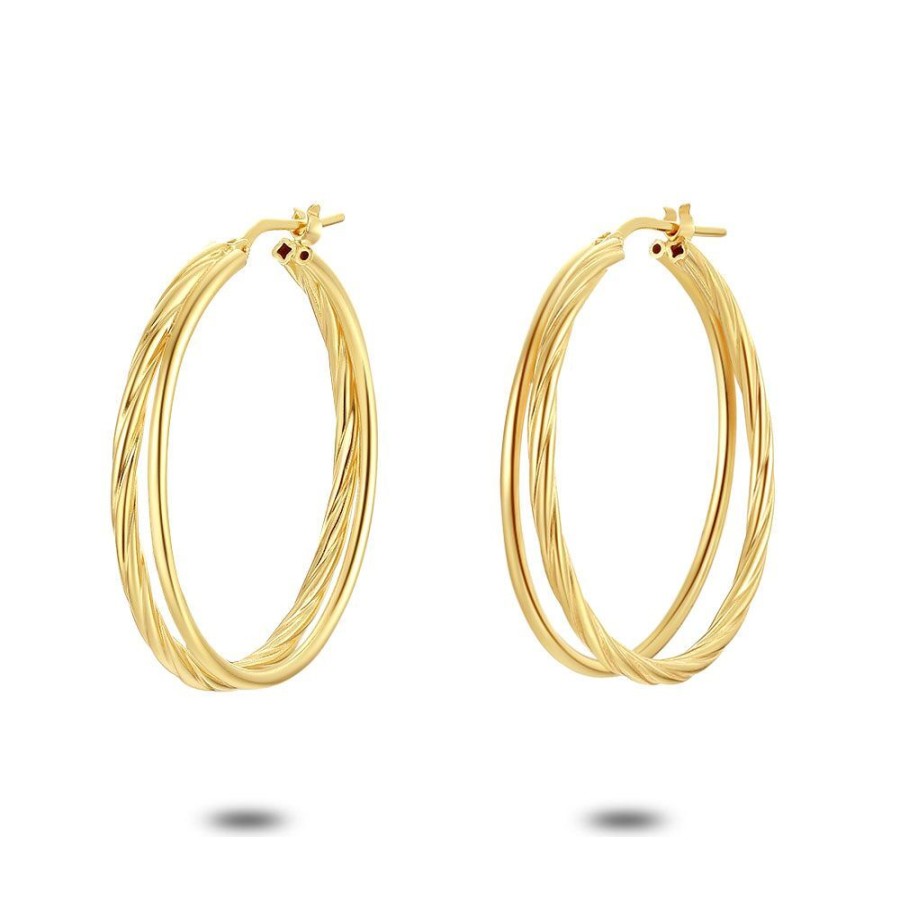 Women Twice As Nice | 18Ct Gold Plated Earrings, Double Hoops, Plain And Striped