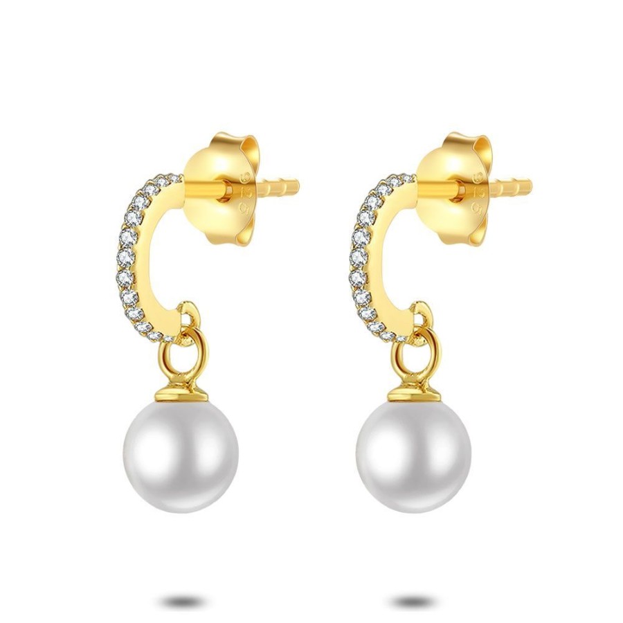 Women Twice As Nice | 18Ct Gold Plated Silver Earrings, Half Earring With White Zirconia + Pearl