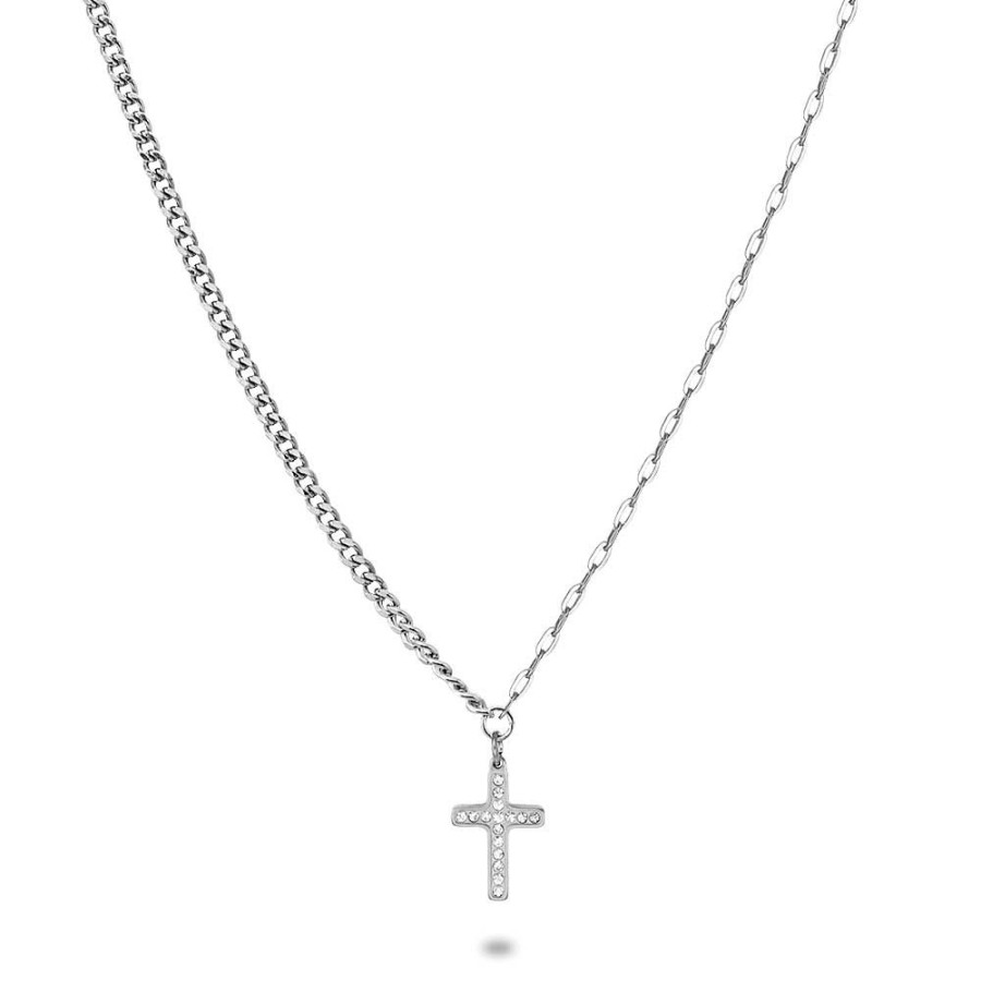 Women Twice As Nice | Stainless Steel Necklace, Cross With White Crystals