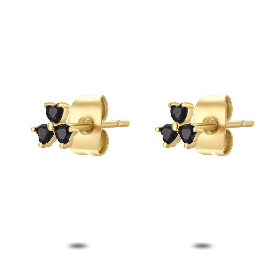 Women Twice As Nice | Earrings In Gold-Tone Stainless Steel, 3 Hearts In Black Zirconia