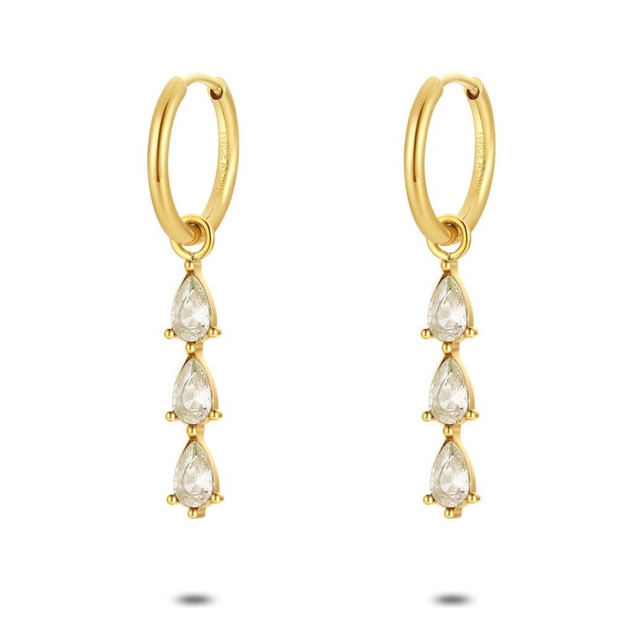 Women Twice As Nice | Gold Coloured Stainless Steel Earrings, Hoop With 3 Drop-Shaped Grey Zirconia Stones