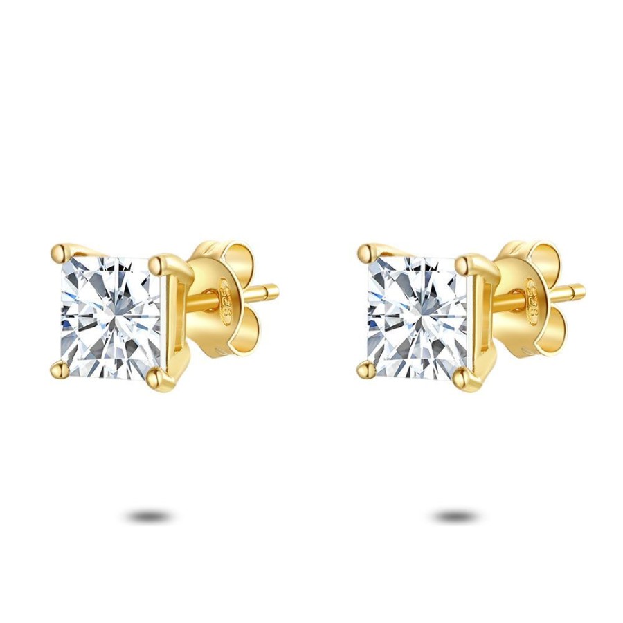 Women Twice As Nice | 18Ct Gold Plated Silver Earrings, Squared Zirconia, 6 Mm