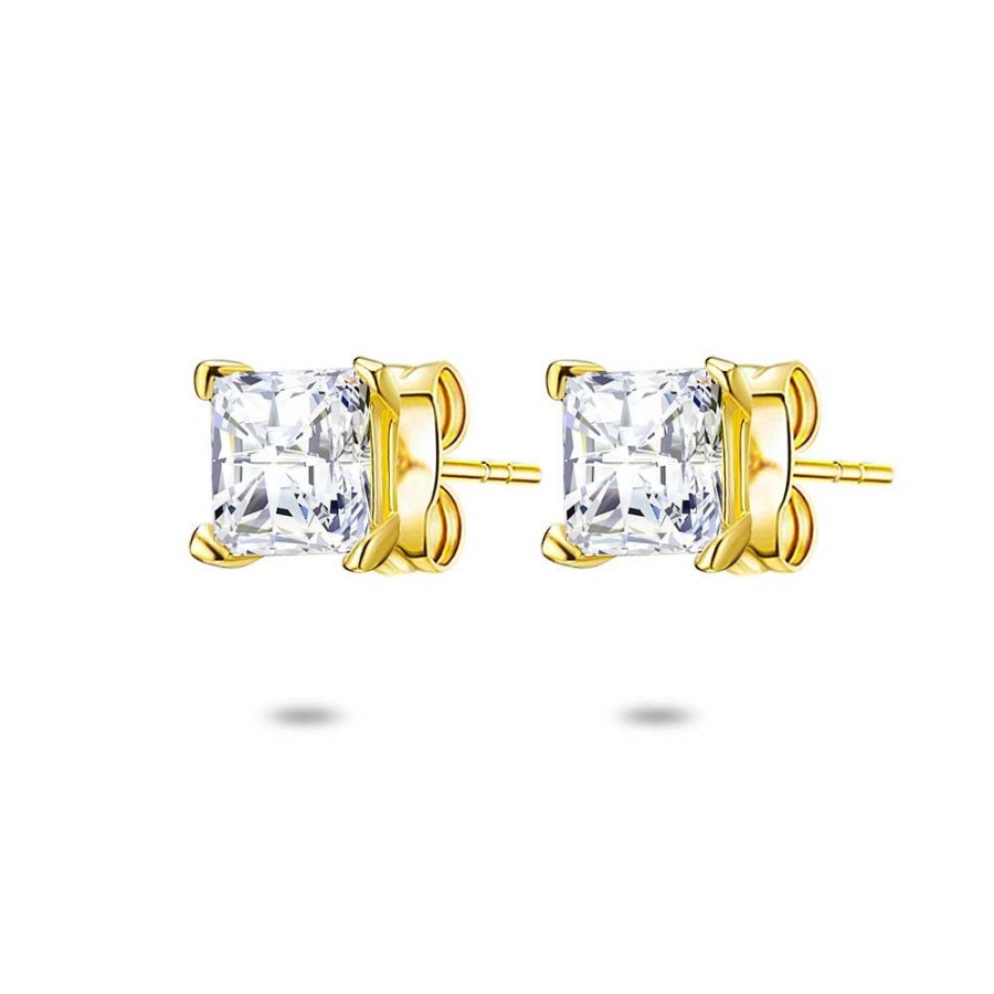 Women Twice As Nice | 18Ct Gold Plated Silver Earrings, Square Zirconia 5 Mm