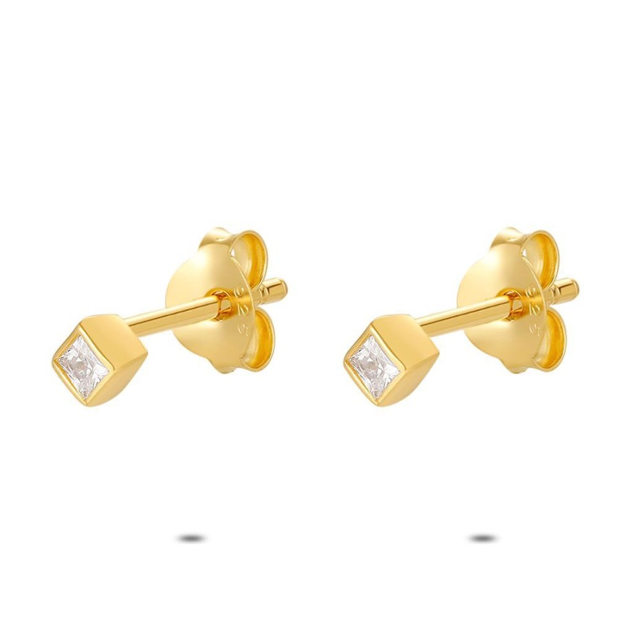 Women Twice As Nice | 18Ct Gold Plated Silver Earrings, Square, Zirconia