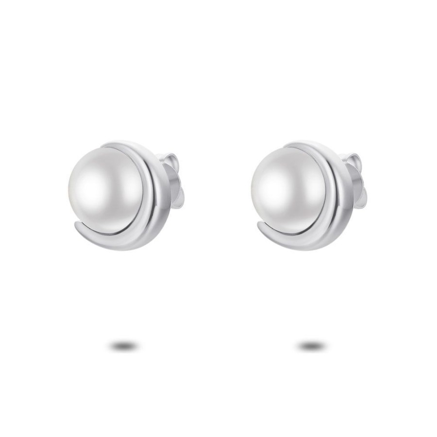 Women Twice As Nice | Stainless Steel Earrings, Half Pearl Surrounded