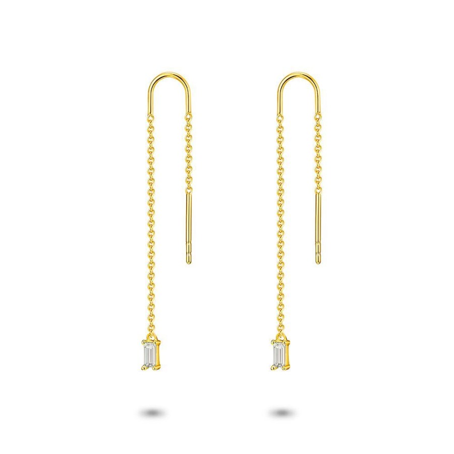 Women Twice As Nice | 18Ct Gold Plated Silver Earrings, Pull-Through, Zirconia Baguette