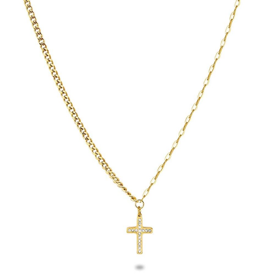 Women Twice As Nice | Gold Coloured Stainless Steel Necklace, Cross With White Crystals