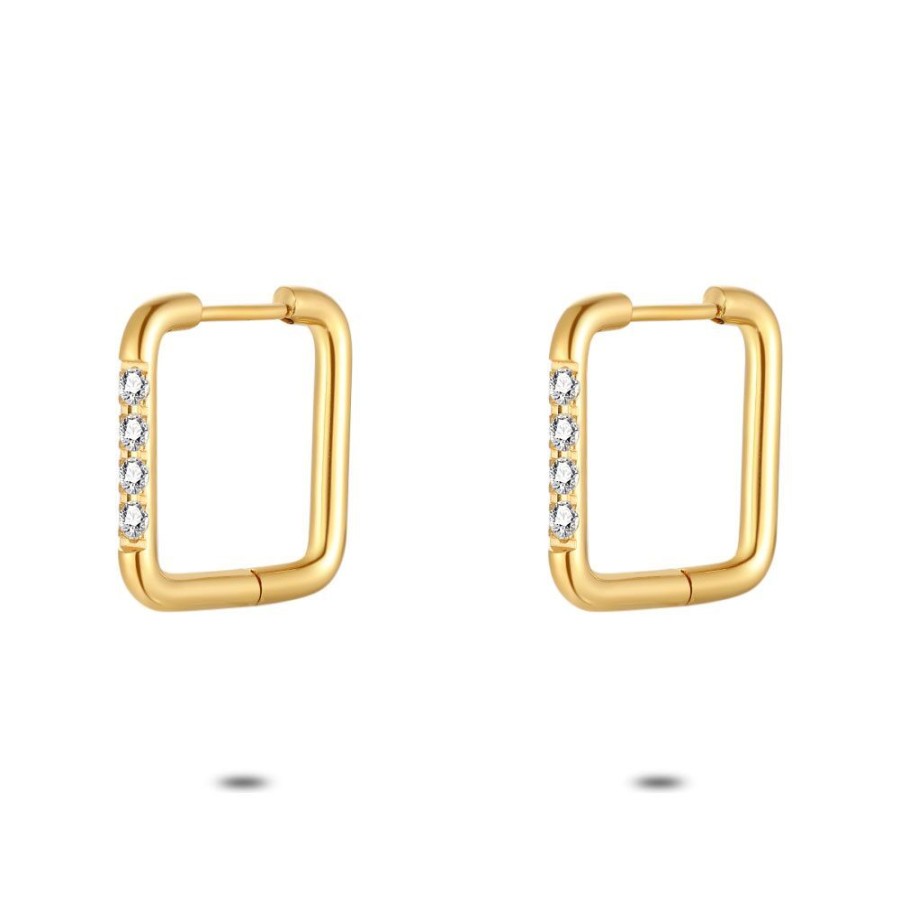 Women Twice As Nice | Gold Coloured Stainless Steel Earrings, Square, Crystals