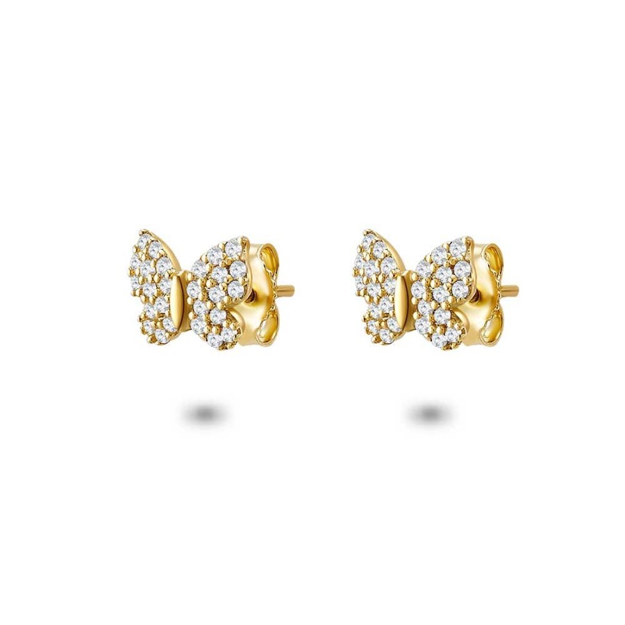 Women Twice As Nice | 18Ct Gold Plated Silver Earrings, Butterfly With White Zirconia