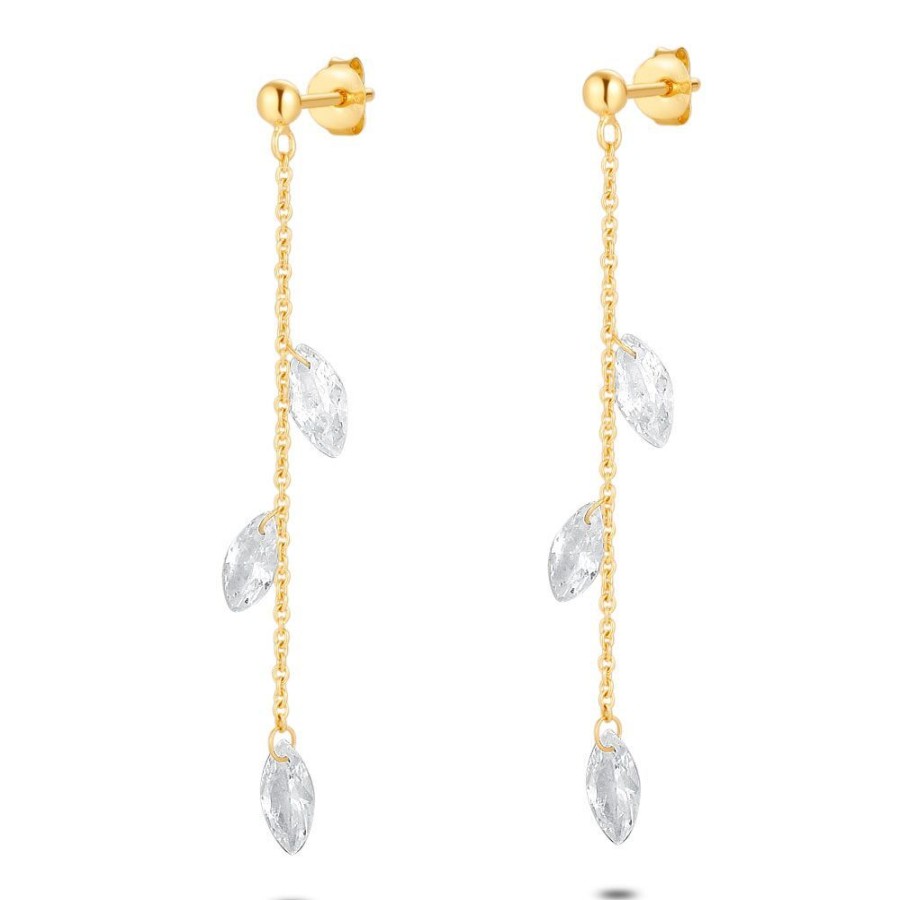 Women Twice As Nice | 18Ct Gold Plated Silver Earrings, 3 Elipses On A Chain, Zirconia