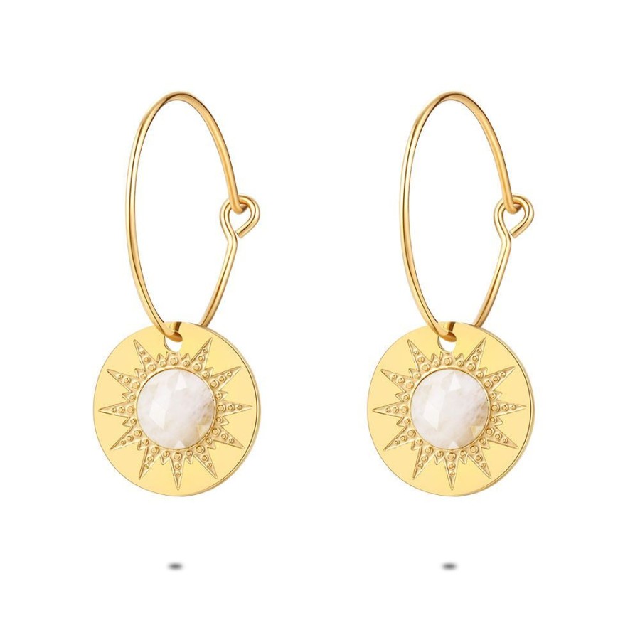 Women Twice As Nice | Gold Coloured Stainless Steel Earrings, Hoops, Sun Motif And White Natural Stone