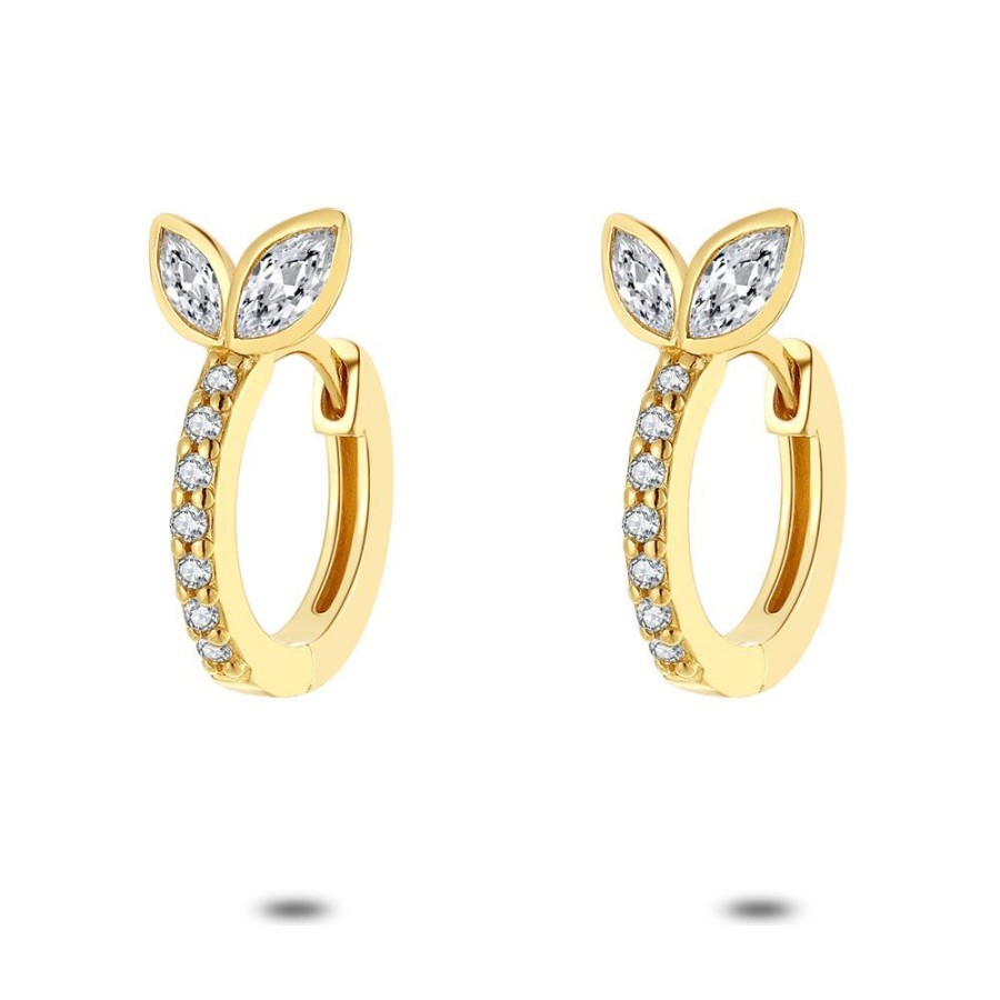 Women Twice As Nice | 18Ct Gold Plated Silver Earrings, Hoops, 2 Zirconia Leafs