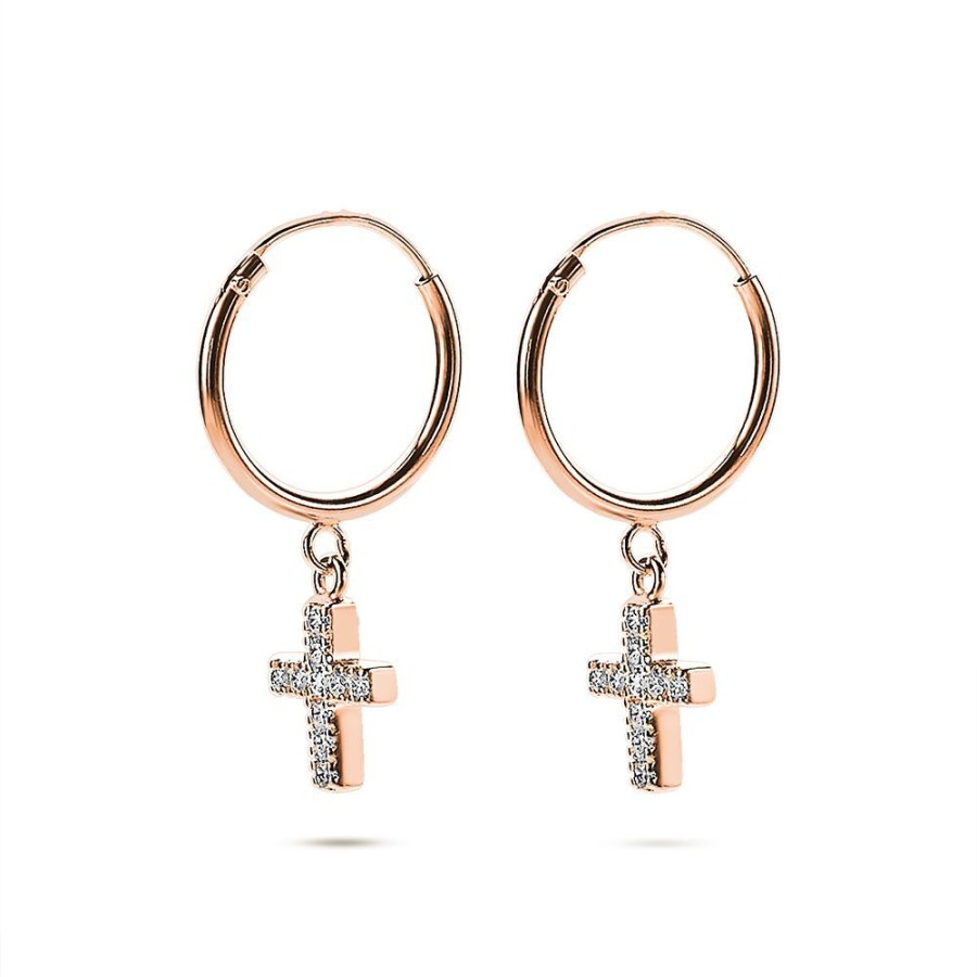 Women Twice As Nice | Rose Silver Earrings, Hoop With Small Cross And Zirkonia