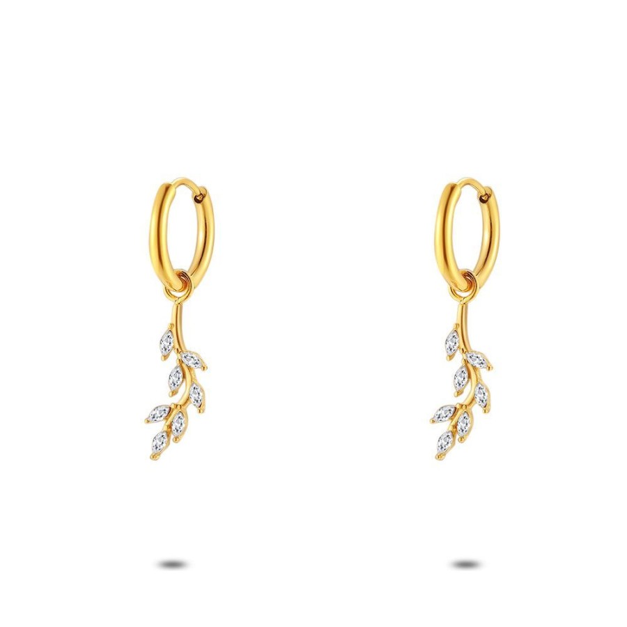 Women Twice As Nice | Gold Coloured Stainless Steel Earrings, Earring And Branch, 7 White Crystals