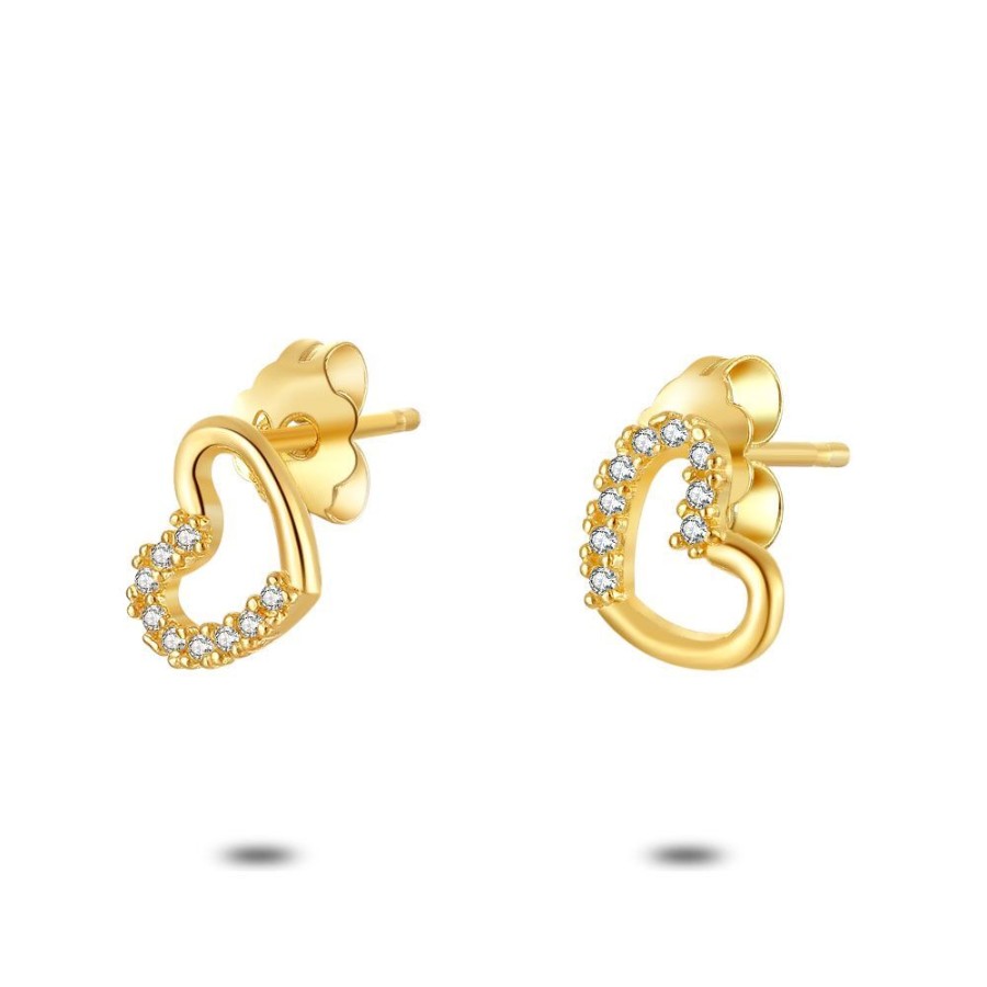 Women Twice As Nice | 18Ct Gold Plated Silver Earrings, Open Heart, Half With Zirconia