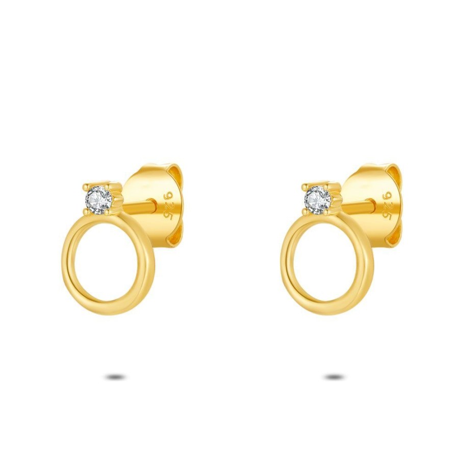 Women Twice As Nice | 18Ct Gold Plated Silver Earrings, Gold-Coloured Circle + 1 Zirconia