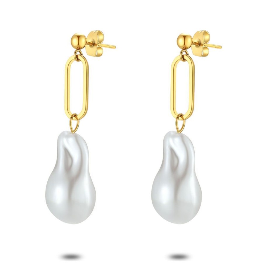 Women Twice As Nice | Gold Coloured Stainless Steel Earrings, Oval Ring With Freshwater Pearl