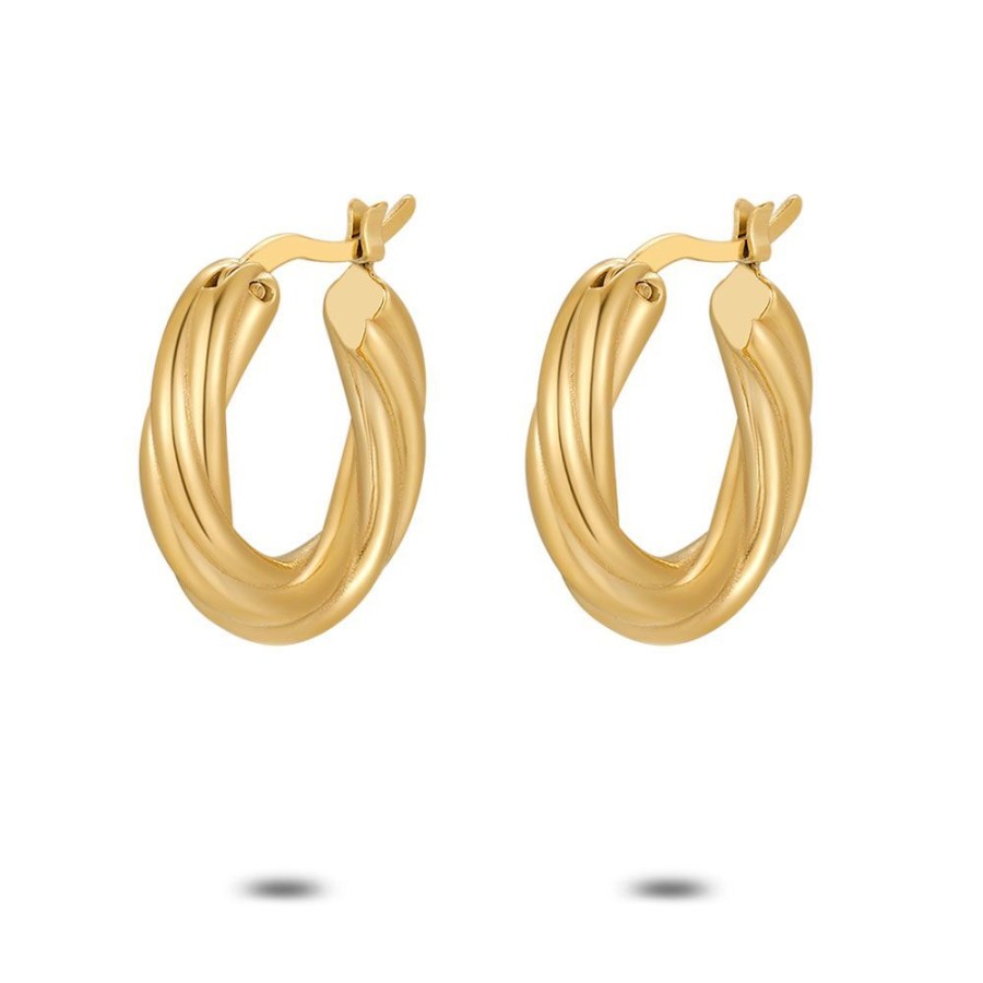 Women Twice As Nice | Gold Coloured Stainless Steel Earrings, Hoops, Twisted, 23 Mm