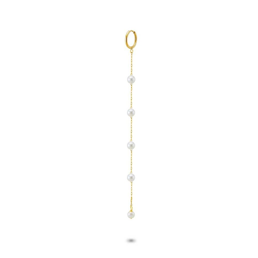 Women Twice As Nice | Gold Coloured Stainless Steel Earrings, Hoop, 5 Pearls On Chain